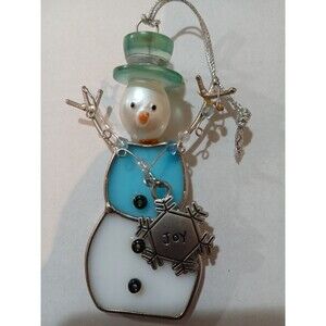 Stained glass snowman Christmas ornament Joy